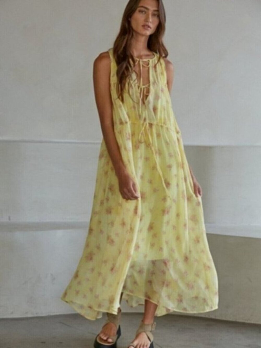 BY TOGETHER Floral Print Sleeveless Maxi Dress Yellow Pink NWT
